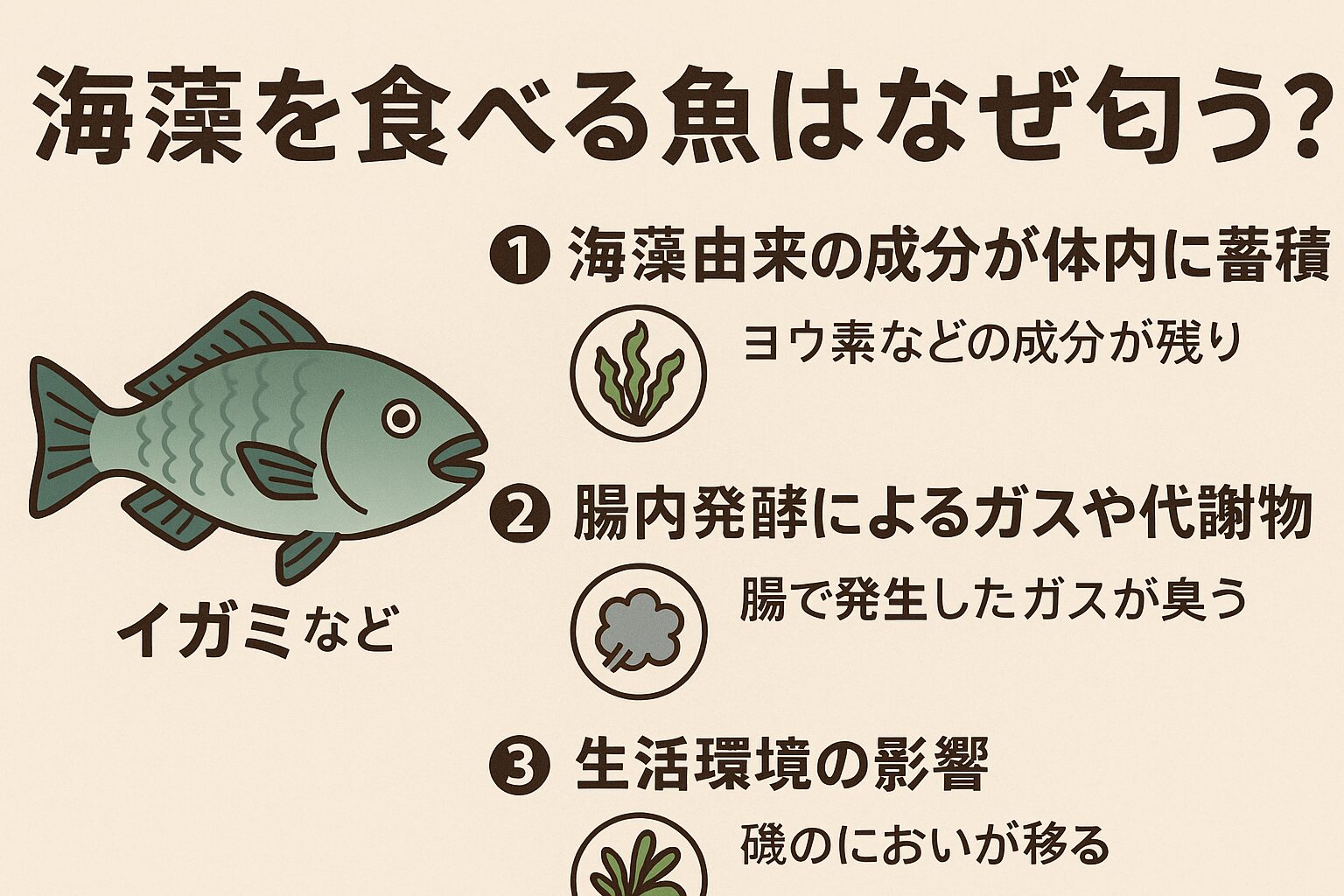 海藻を食べる魚が匂うのは、海藻成分の蓄積 ・腸内発酵・磯場環境の付着臭。釣太郎