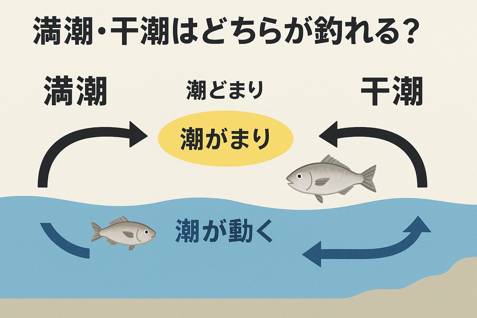 海釣りの釣果は「潮の動き」に大きく左右されます。満潮・干潮そのものよりも「前後の動きがある時間」がチャンス。潮どまりは魚の活性が落ちやすい時間。釣太郎