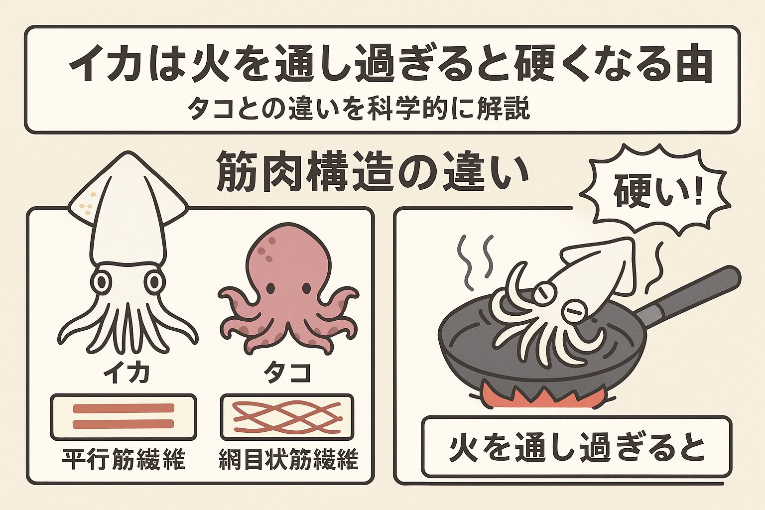イカが火を通し過ぎると硬くなる理由は、平行筋繊維による急激な収縮・ミオシンの多さによる熱変性・水分保持力の低さ。これらが重なった結果です。釣太郎