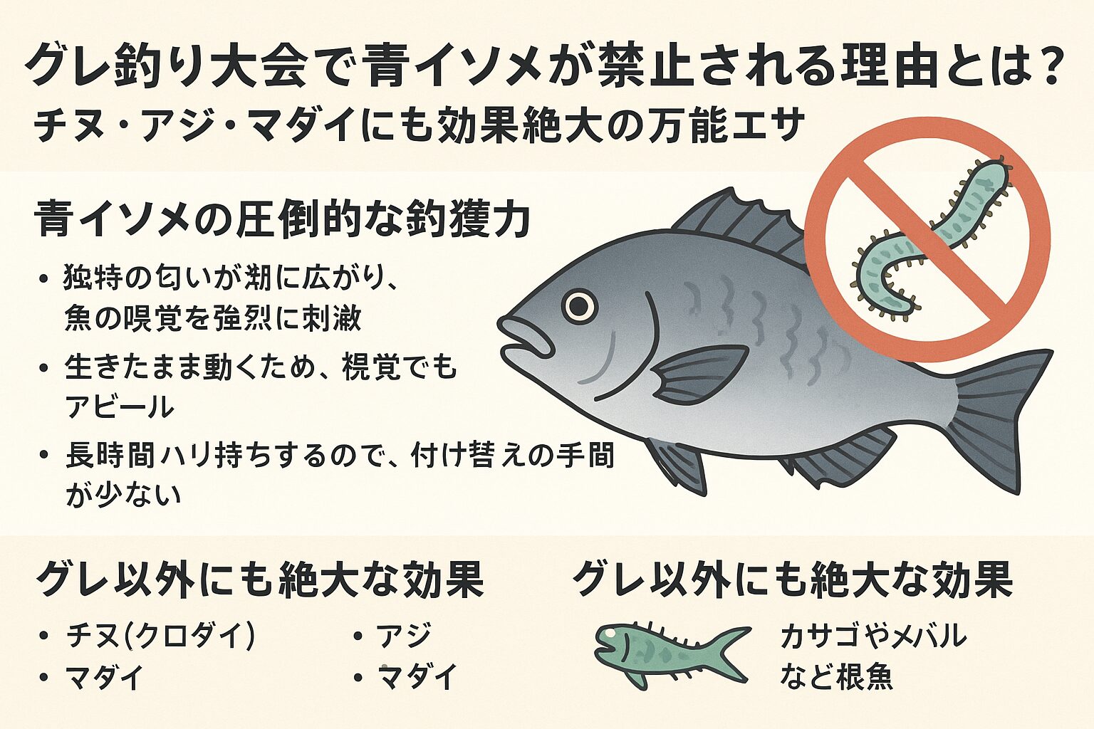 青イソメは「匂い」「動き」「耐久性」で他のエサを圧倒。大会で禁止されるほど釣果が出る万能エサ。チヌ・アジ・マダイにも効果絶大で、初心者にも扱いやすい。釣太郎