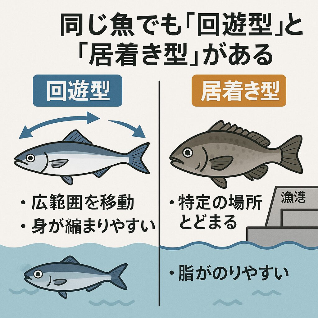 同じ魚でも「回遊型」と「居着き型」が存在する。アジ、サバ、ブリ、スズキ、メバルなどが代表例。生息環境や食性、安全性の違いが要因となる。釣太郎