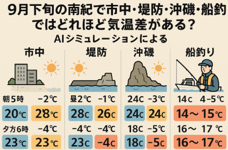 9月下旬の南紀は昼間こそ夏の名残がありますが、朝夕や船釣りでは市中より最大6〜7℃低く感じることもあります。釣太郎