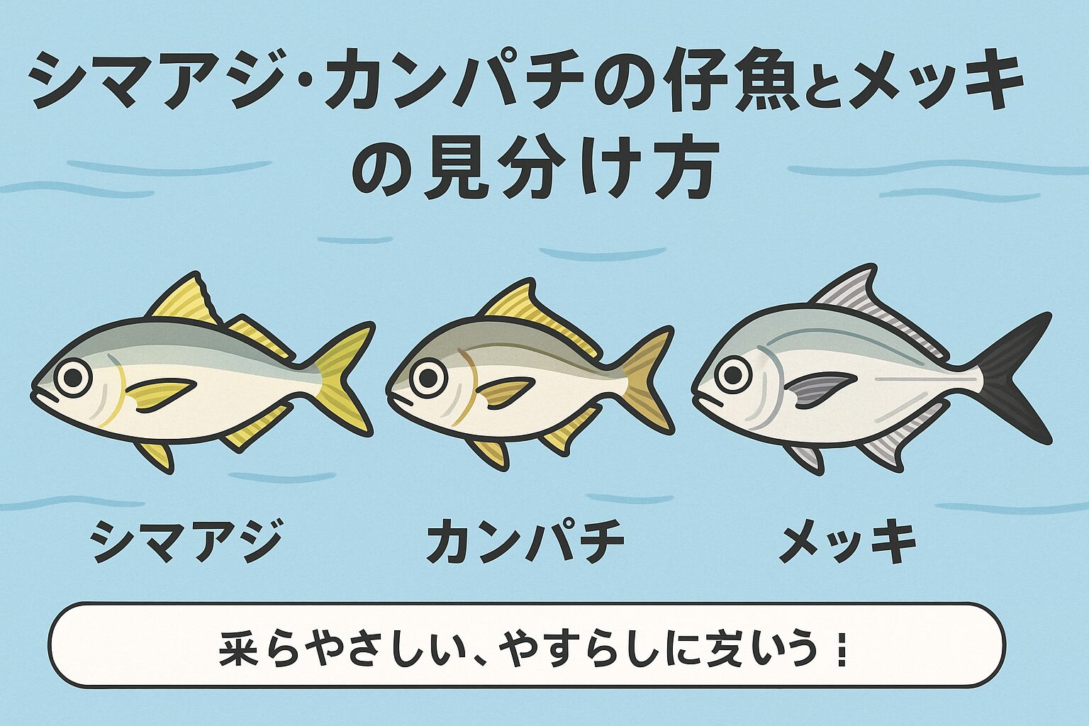 魚の見分け方。シマアジは黄色い帯とスリム体形。カンパチはアイバンドと丸み。メッキは黒縁のヒレとダイヤ型体形。この3つの特徴を押さえれば、現場でも高確率で判別できます。釣太郎