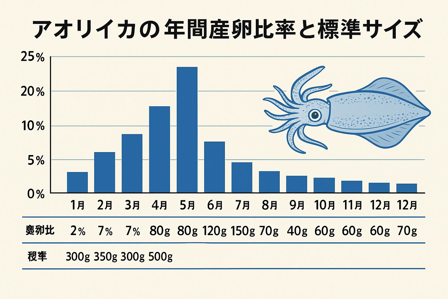 アオリイカは実は年間を通じて産卵している。ピークは5〜6月(年間比率38%)、次いで7月や秋にも小ピークあり。春は大型、秋は新子と季節ごとのサイズ傾向がはっきりしている。釣太郎