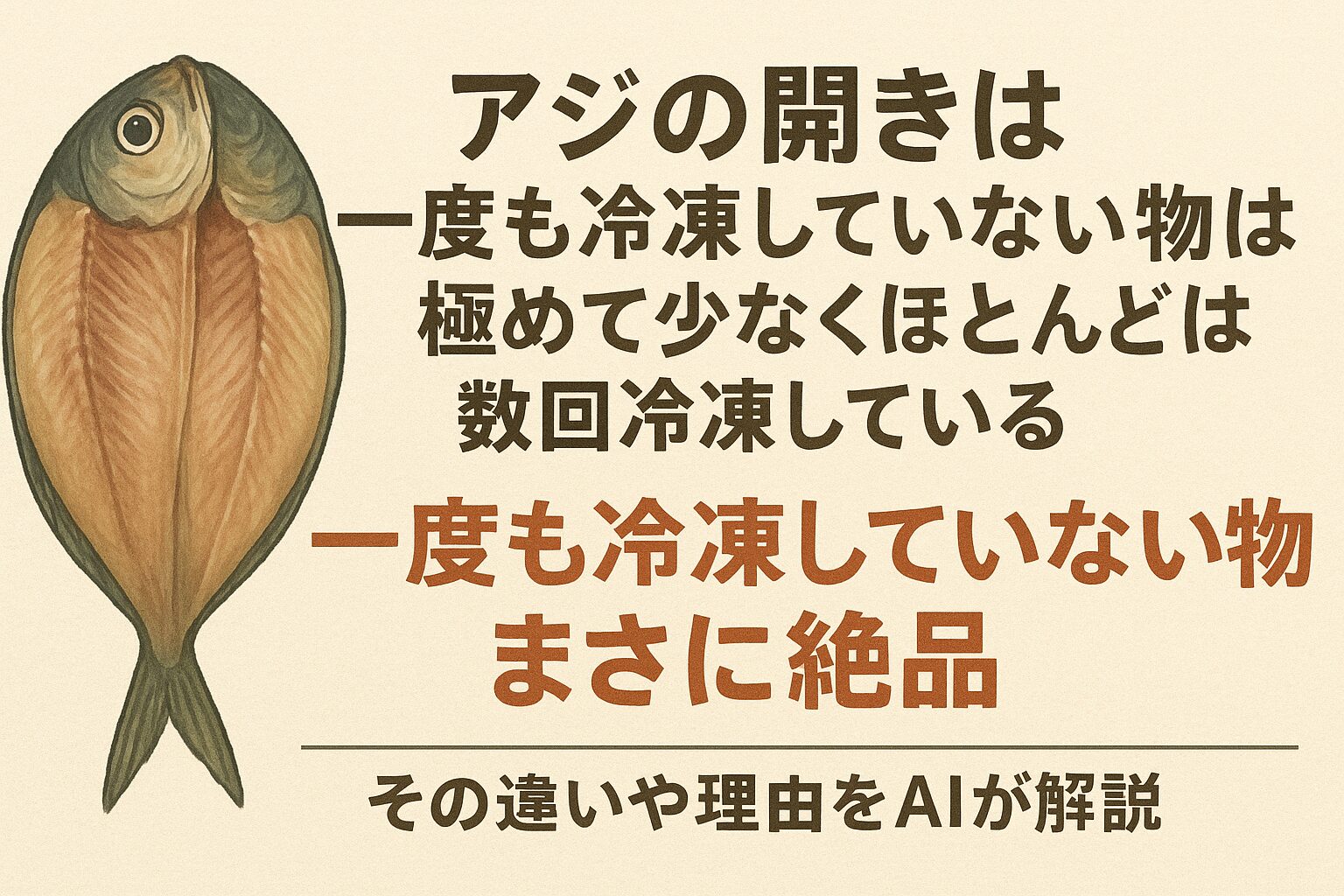 アジの開きは冷凍の有無で味が大きく変わります。「一度も冷凍していない干物」はまさに究極の贅沢。釣太郎