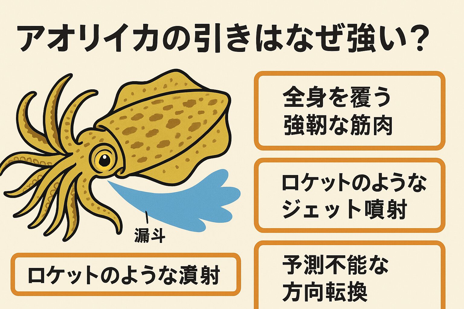 アオリイカの引きが強い理由は、全身を覆う強靭な筋肉・ロケットのようなジェット噴射・予測不能な方向転換。釣太郎 これらが組み合わさった結果です。釣太郎