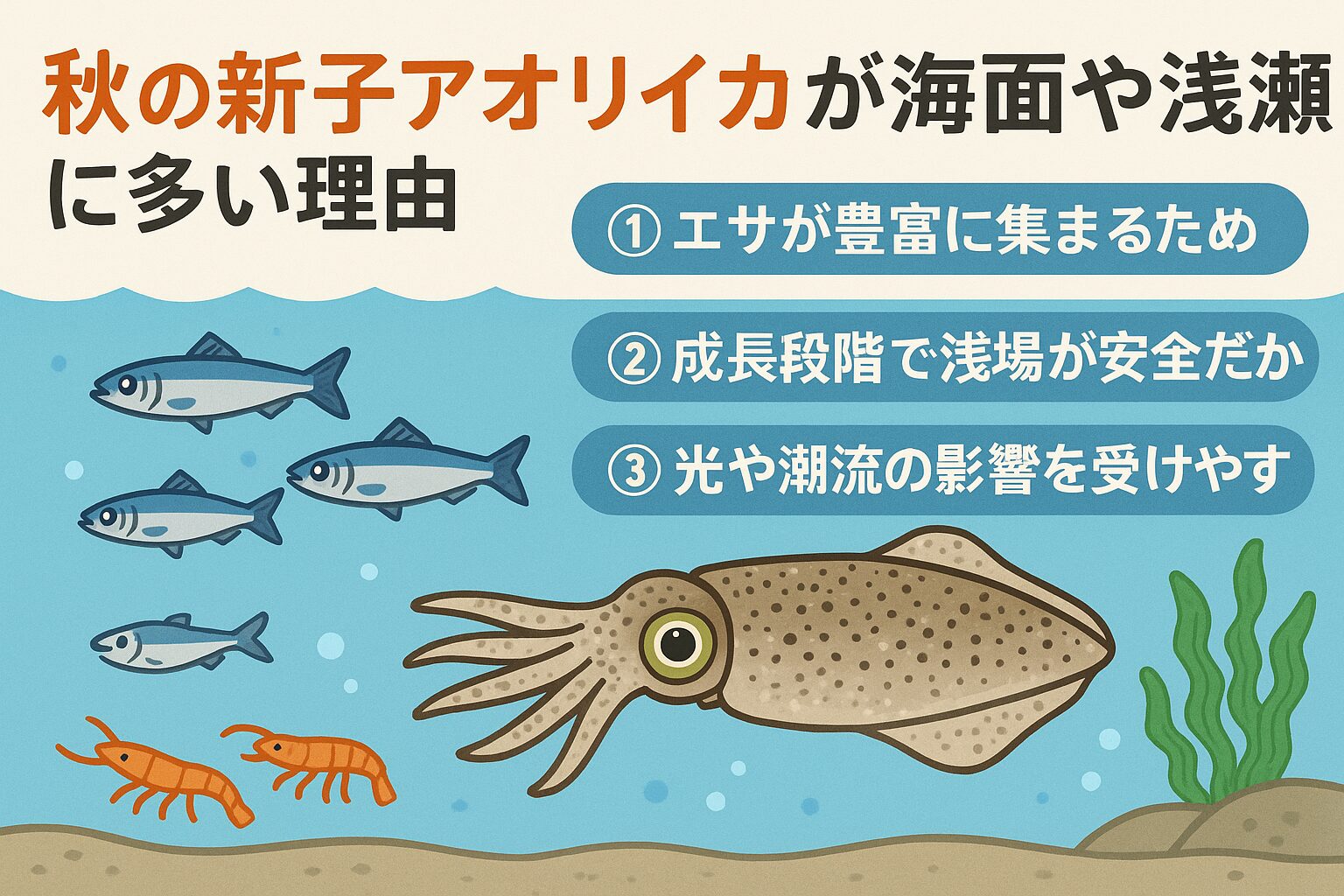 秋の新子アオリイカが浅瀬や海面に多いのは、エサが豊富で隠れ場があり、生存に有利だからです。釣太郎