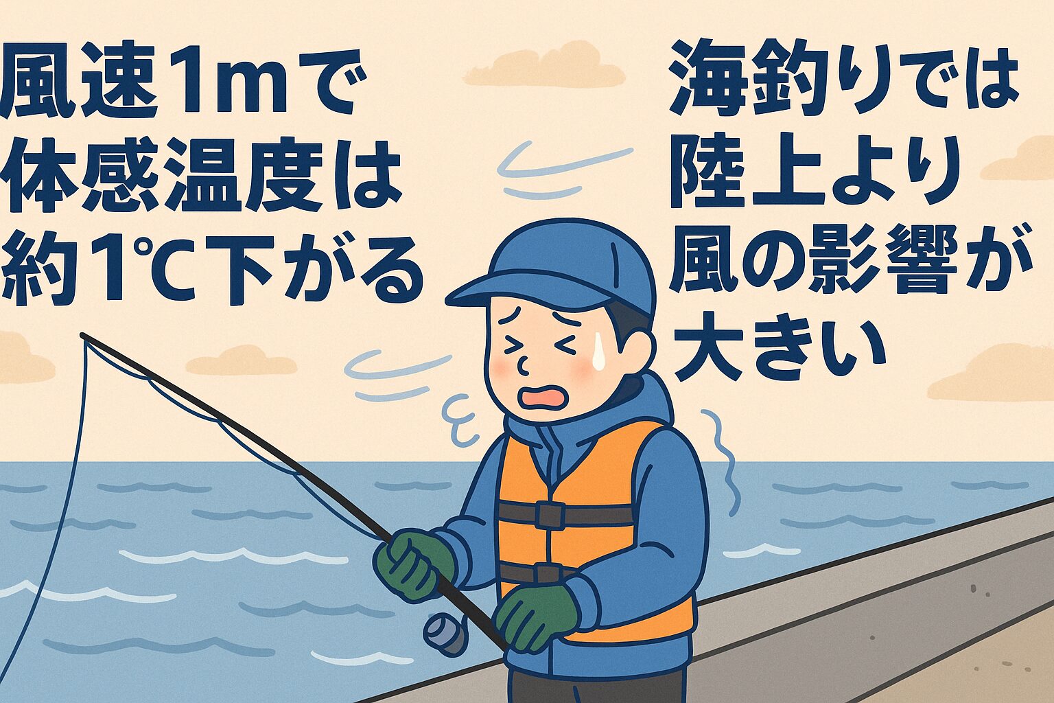 風速1mで体感温度は約1℃下がるのが基本。海釣りは陸上より風の影響が大きく、同じ気温でも体感は数℃低い。釣太郎