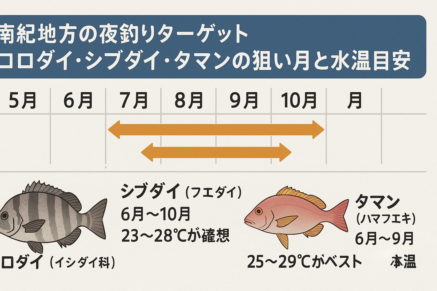 南紀地方の夜釣りでコロダイ・シブダイ・タマンを狙うなら、梅雨明けから初秋にかけてが勝負。水温が22℃以上に上がったタイミングから活性が高まり、25〜28℃前後で最盛期を迎えます。釣太郎