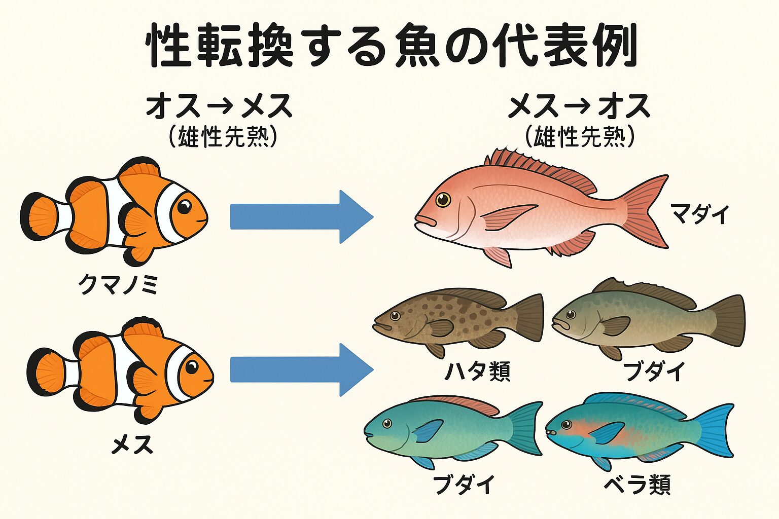 魚全体のうち、性転換するのは約2〜3%。
・方向別の割合は、メス→オスが8〜9割、オス→メスが1〜2割。
・代表的な魚種には、クマノミ、マダイ、ハタ、ブダイ、ベラなどがいる。釣太郎