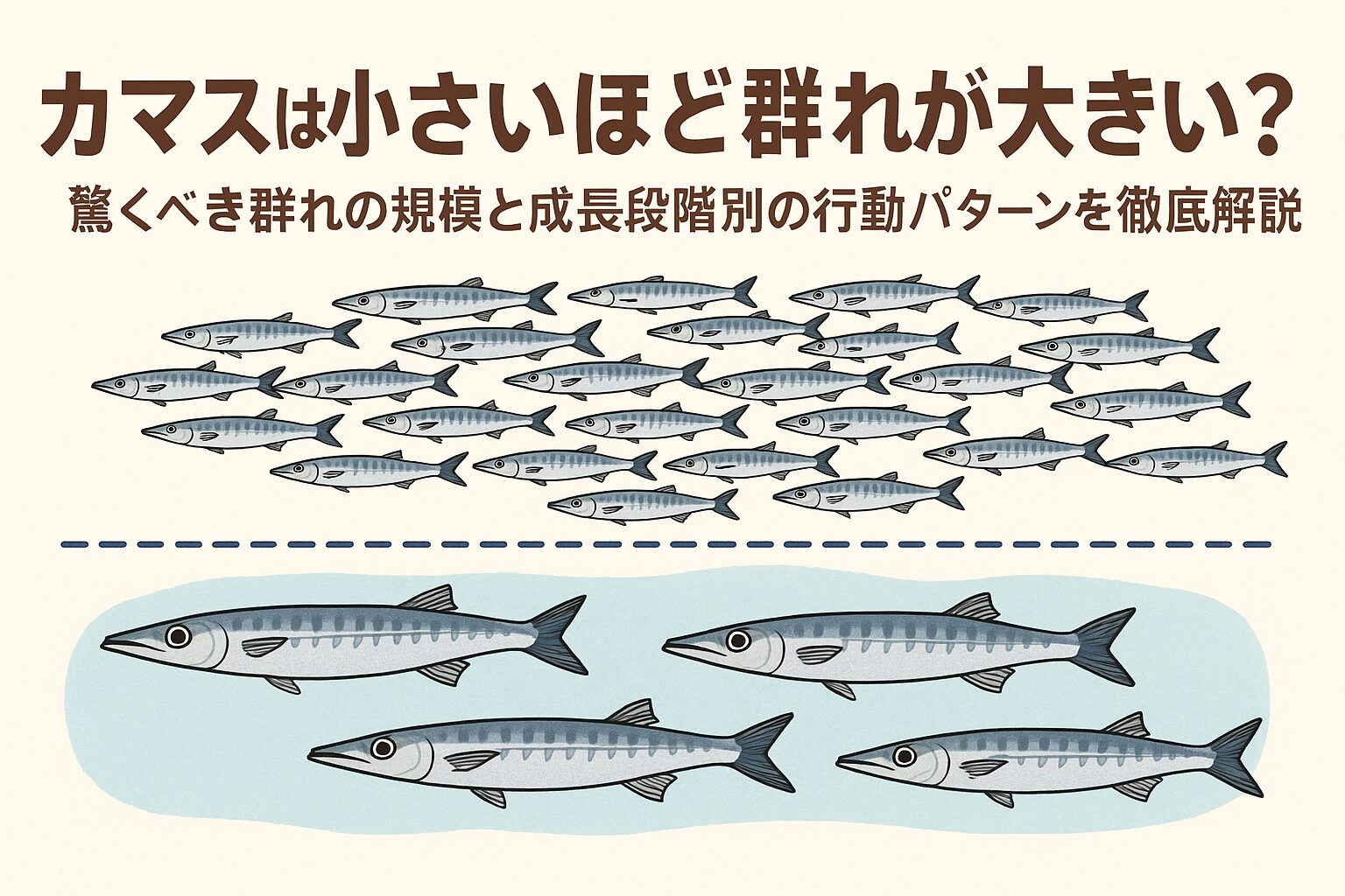 カマスは小さいほど群れが大きいという生態があり、500〜5,000匹規模の大群が発生することも珍しくない。 ・成長するにつれて群れの規模は縮小し、狩りや回遊パターンがより戦略的になる。釣太郎