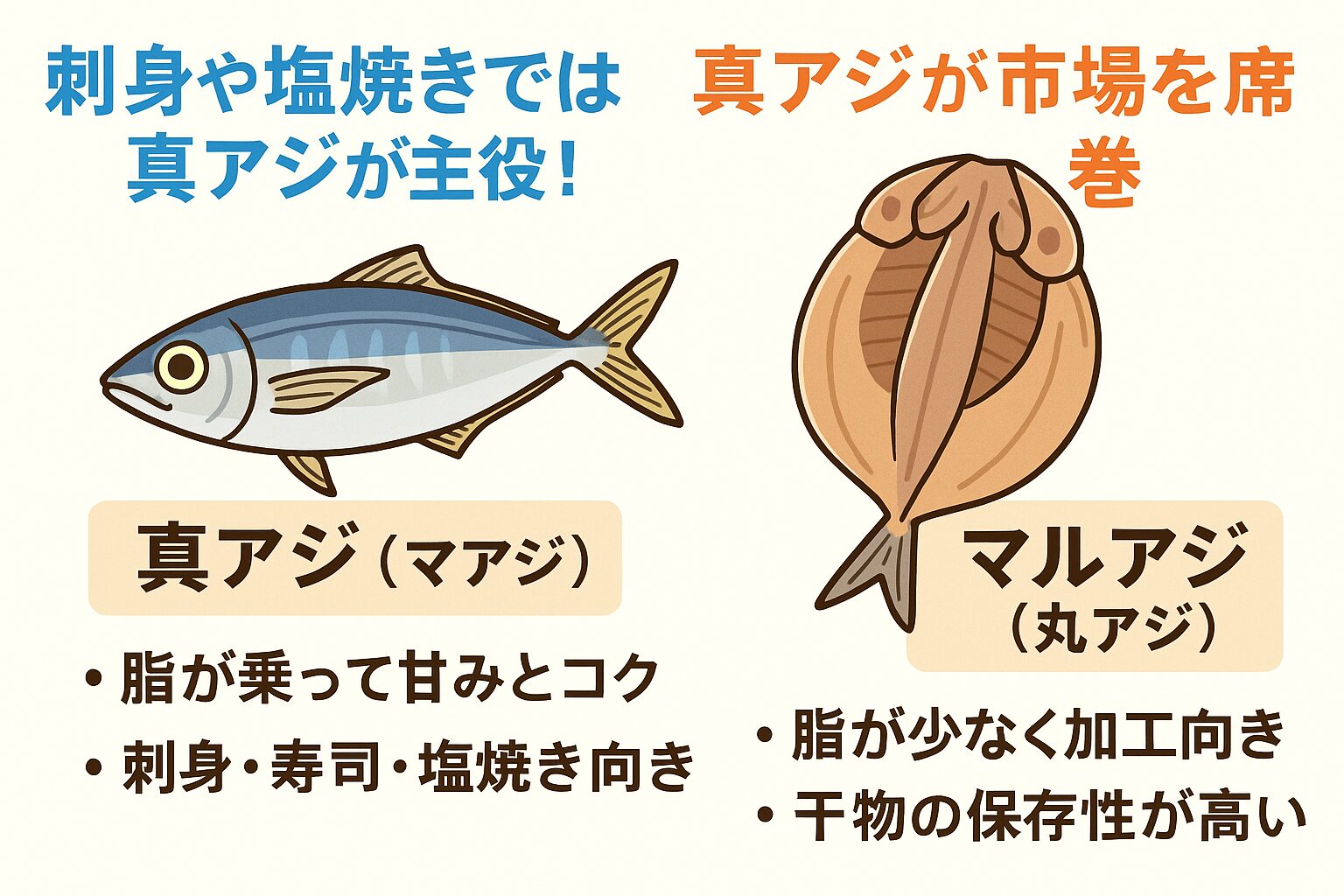 刺身や塩焼きでは真アジが主役！干物ではマルアジが市場を席巻する理由を徹底解説。釣太郎