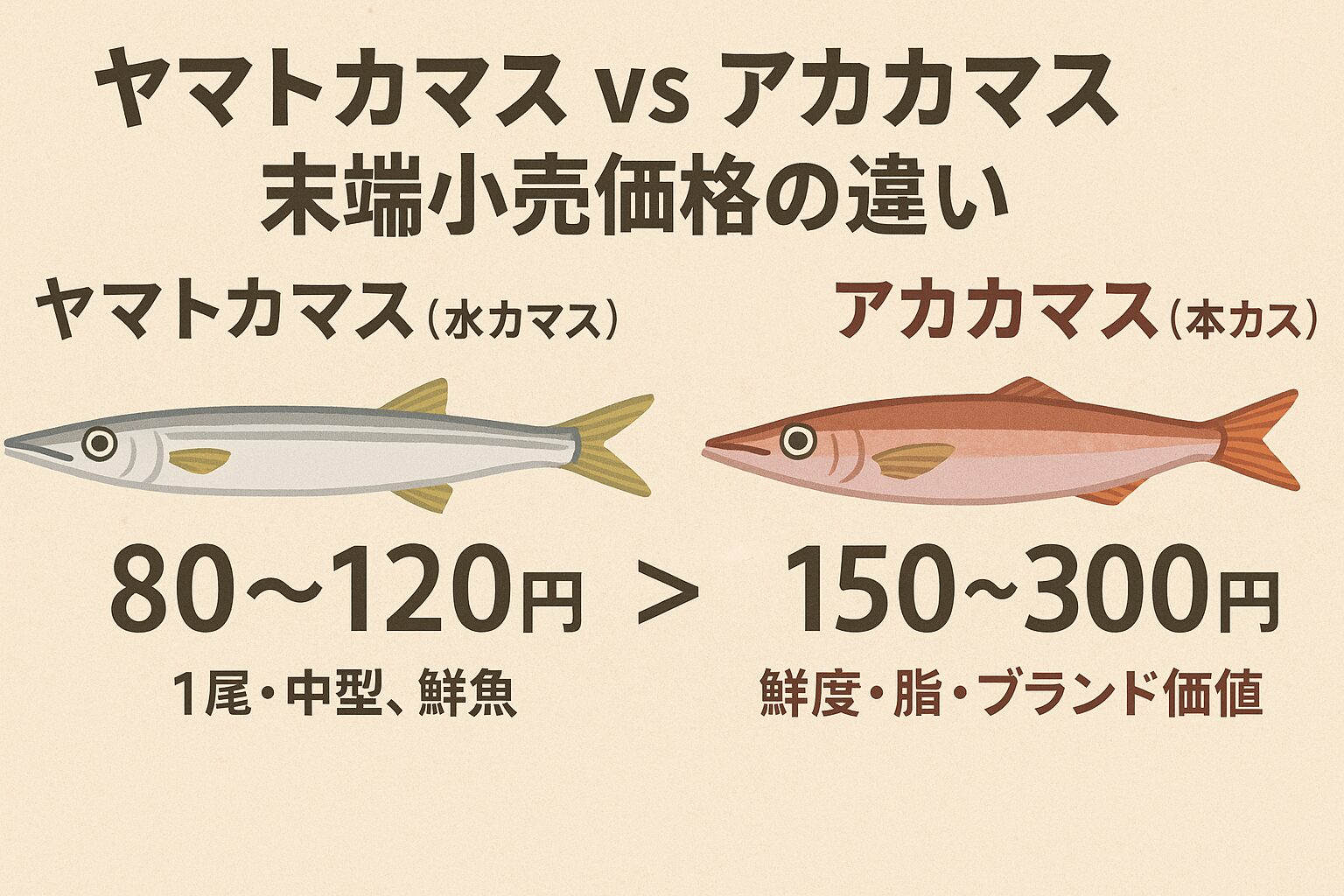 ヤマトカマスとアカカマスでは、小売価格でアカカマスが概ねヤマトカマスの1.5〜3倍になることが多いです。 味・漁法・鮮度・見た目などの要因が複合的に価格に影響しています。釣太郎