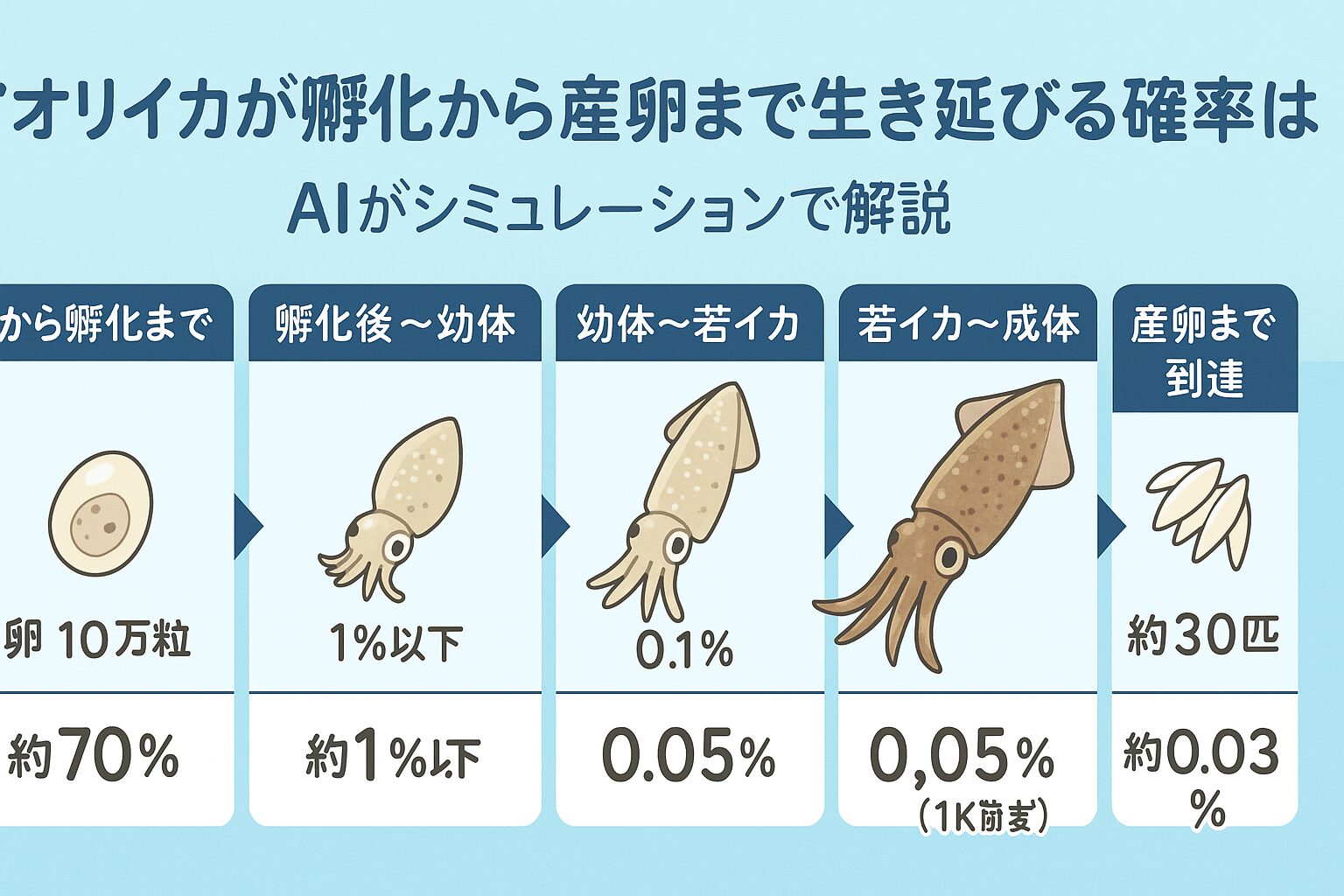 アオリイカは孵化から産卵まで 0.03％前後 の極めて低い生存率。 ・自然界では10万個の卵からわずか30匹ほどしか成体になれない。釣太郎