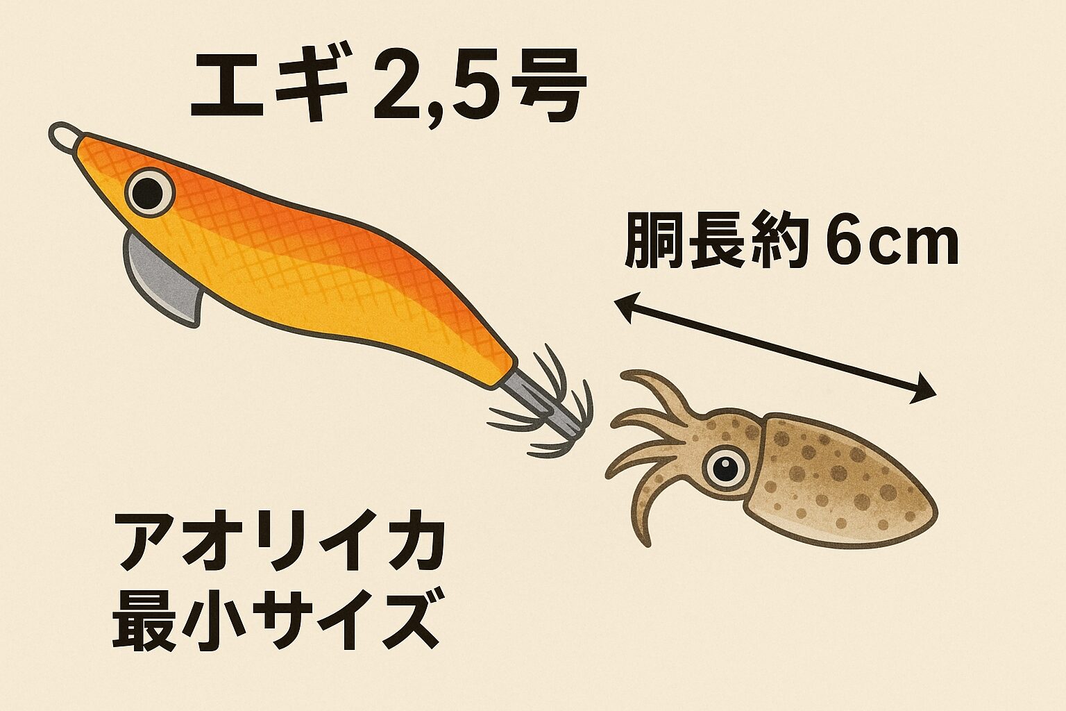 エギ2.5号を使えば、最小で胴長6〜7cmほどの新子アオリイカまで釣ることができます。釣太郎