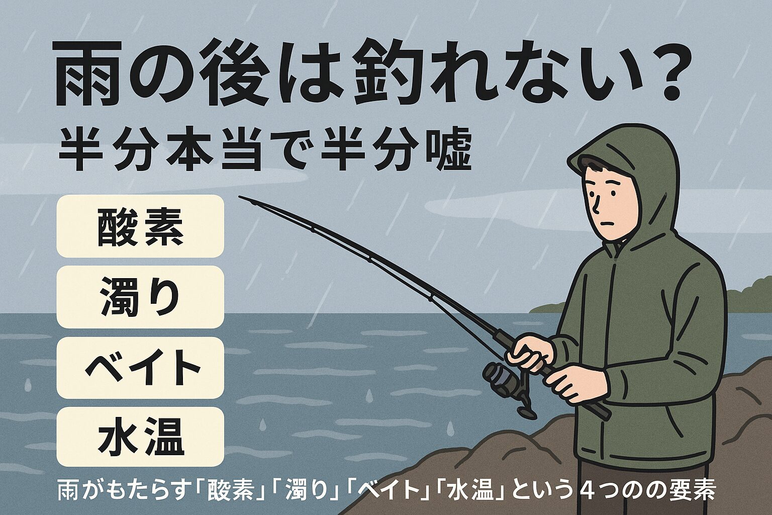 雨がもたらす「酸素」「濁り」「ベイト」「水温」の4つの要素を理解することで、むしろチャンスを掴めます。釣太郎