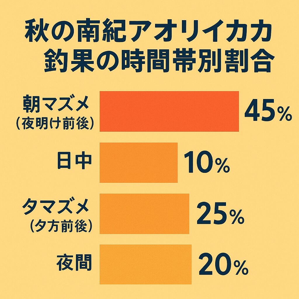 秋の南紀アオリイカは ・朝マズメが圧倒的（45％）・夕マズメが次点（25％）・夜間20％・日中わずか10％。釣太郎