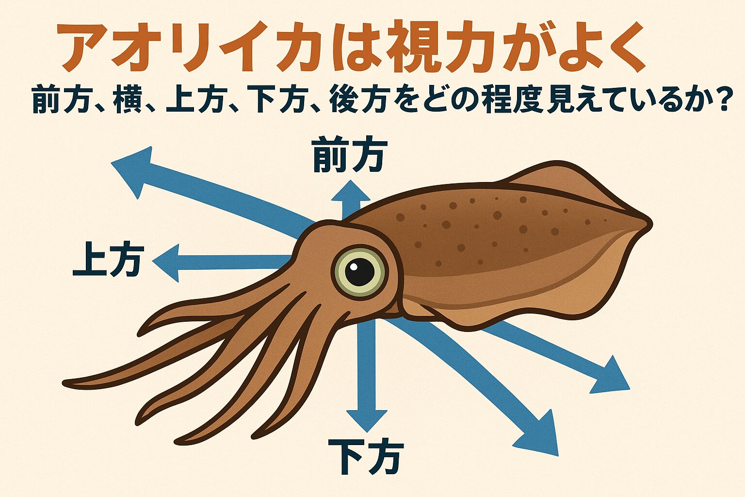アオリイカは前方・横・上方・下方・後方ほぼ全方向を見渡せる「海の全天周カメラ」のような視覚を持っています。その視力は人間並みかそれ以上.釣太郎