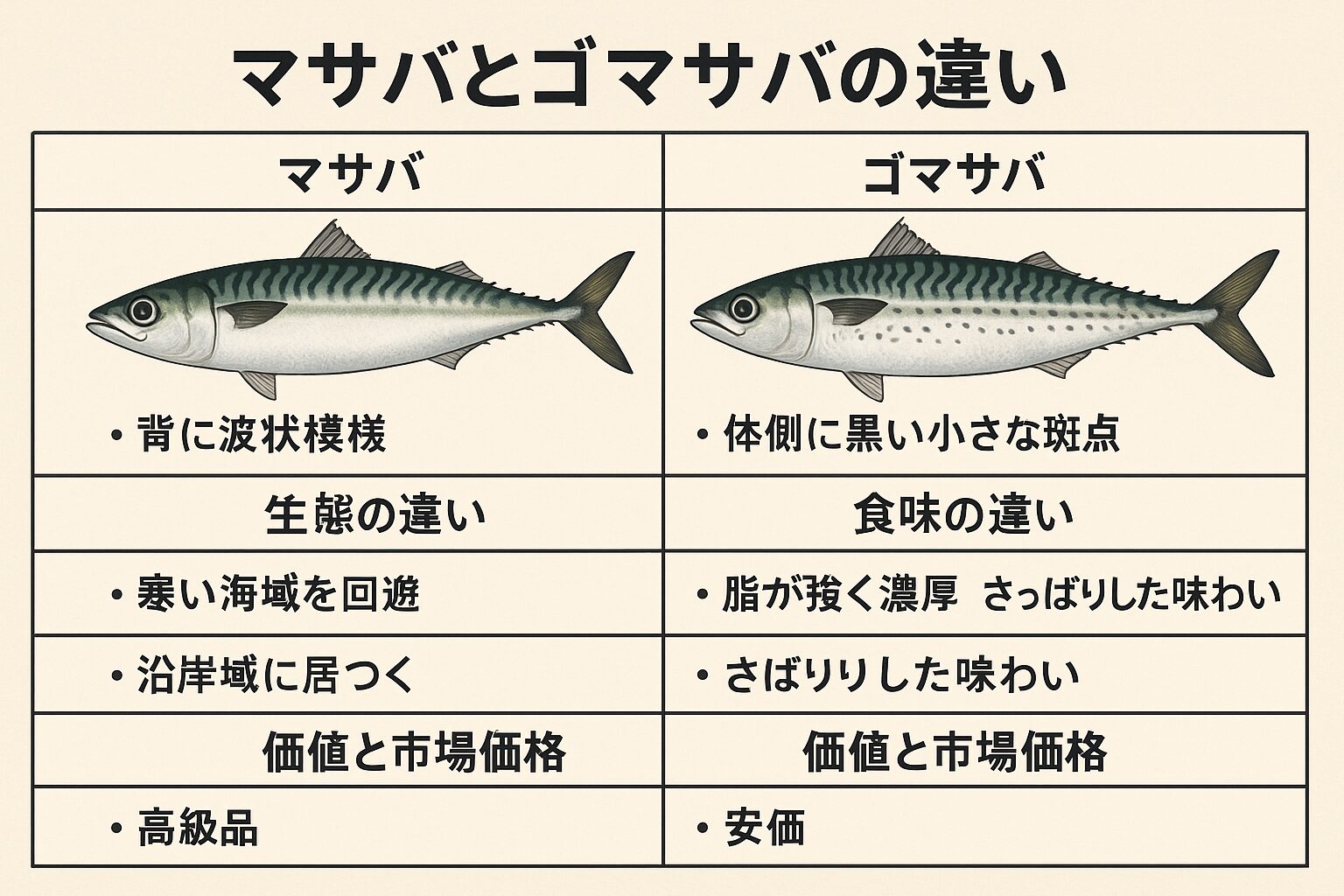 背中の模様が波状で斑点なし→マサバ・ゴマ粒の黒斑あり→ゴマサバ・脂乗り重視ならマサバ・鮮度安定・調理汎用性ならゴマサバ。釣太郎