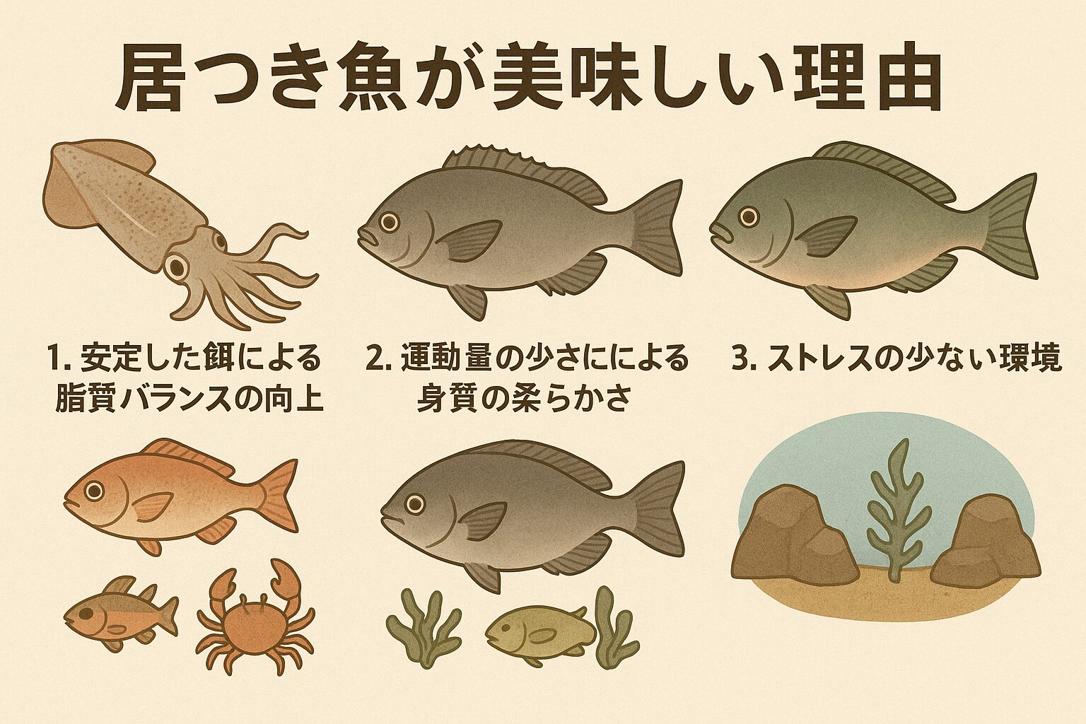 居つき個体は ・安定した餌で旨味成分が増える ・運動量が少なく身が柔らかい ・ストレスが少なく鮮度保持力が高い という3つの理由から、回遊性のものより「美味しい」と評価されます。釣太郎