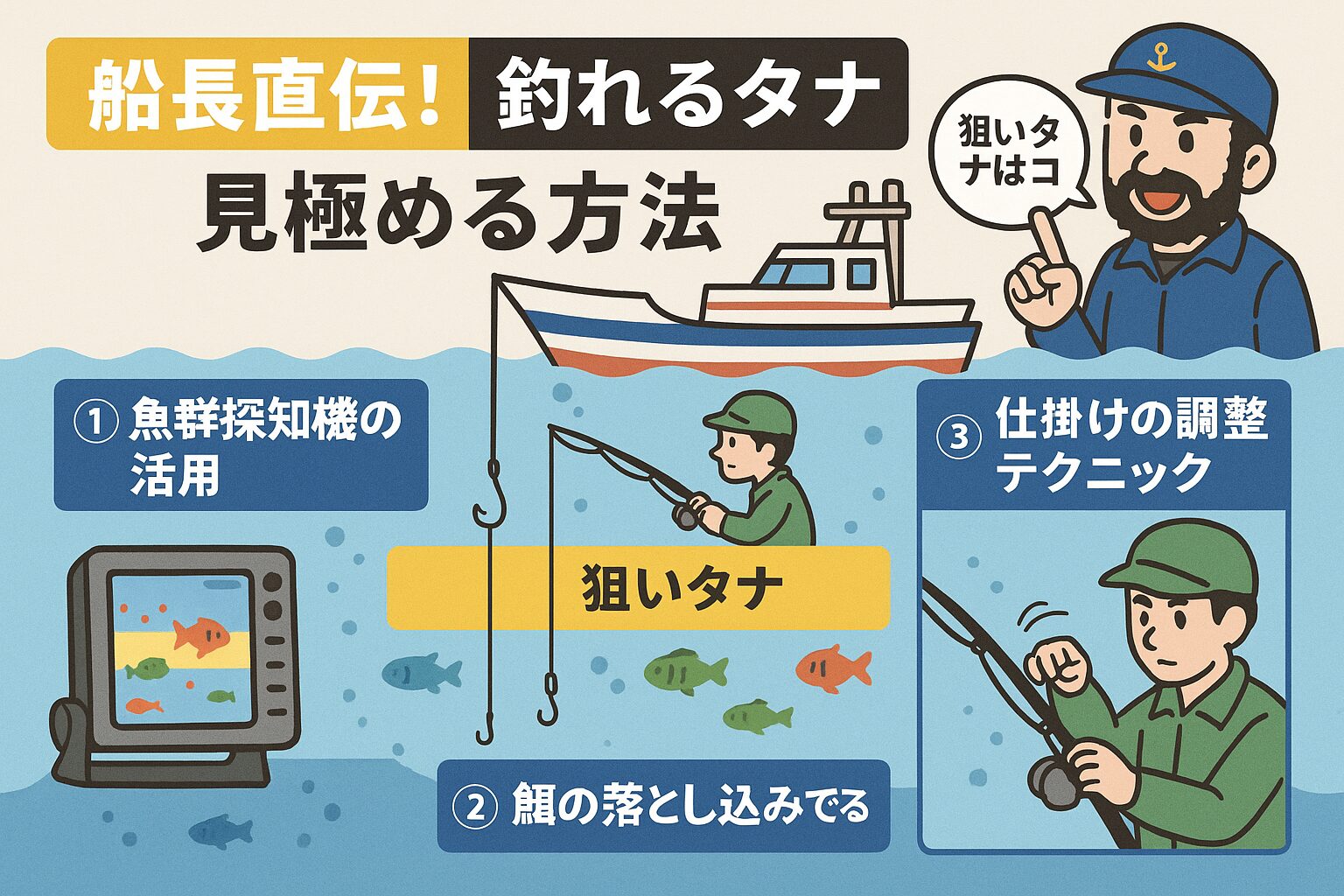 釣果を伸ばすカギは「タナを正しく見極めること」。船長が伝えるテクニックはシンプルですが、実践すれば確実に釣果が変わります。釣太郎