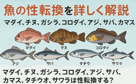 性転換するのはクエとコロダイが代表的。 ・マダイ・チヌ・ガシラ・アジ・サバ・カマス・タチウオ・サワラは基本的に性転換しない。釣太郎