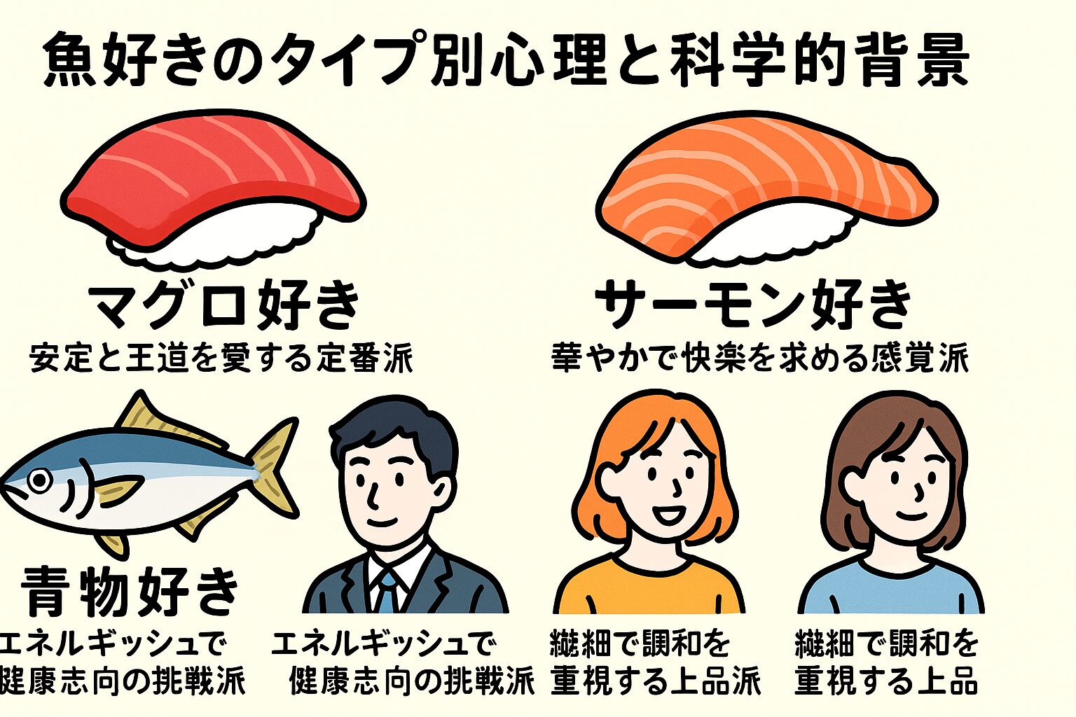 マグロ好き＝安定と王道を愛する定番派・サーモン好き＝華やかで快楽を求める感覚派・青物好き＝エネルギッシュで健康志向の挑戦派・白身魚好き＝繊細で調和を重視する上品派。釣太郎