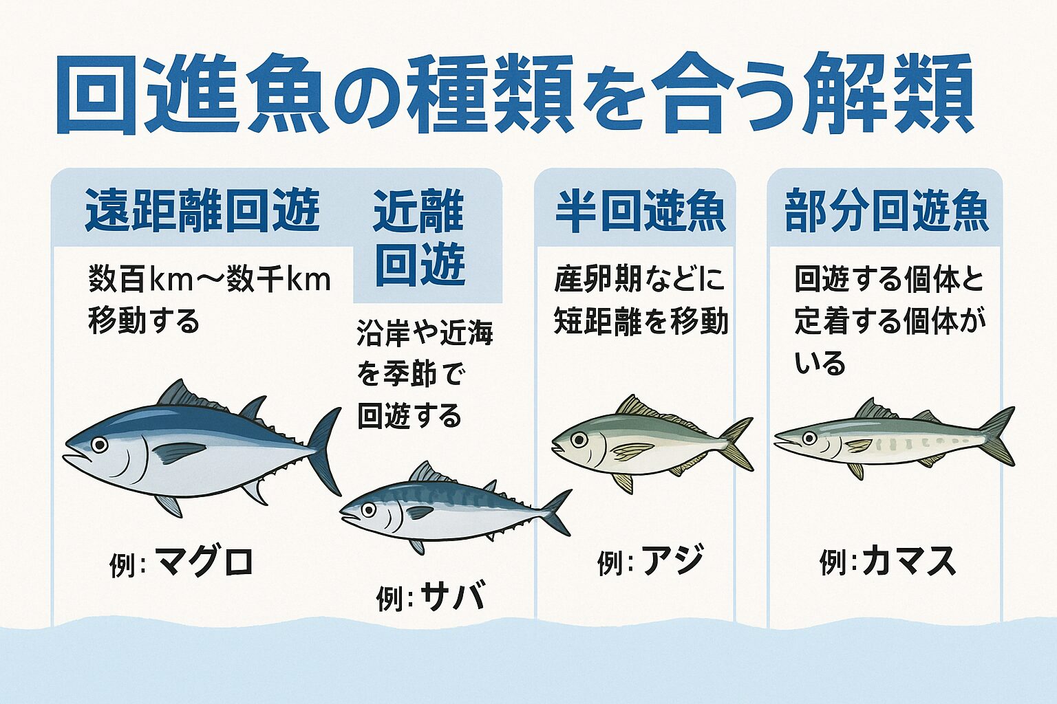 回遊魚は「どれくらい移動するか」。「群れの型は何か」で釣り方が決まります。遠距離は海況読みと機動力。近距離は通り道の再現。 半回遊は地形記憶。釣太郎