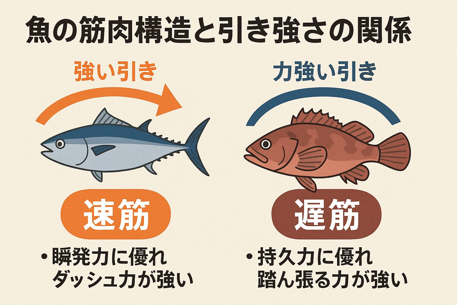 魚の引き強さは「大きさ」だけでなく、「筋肉の構造」によって大きく左右されます。釣太郎