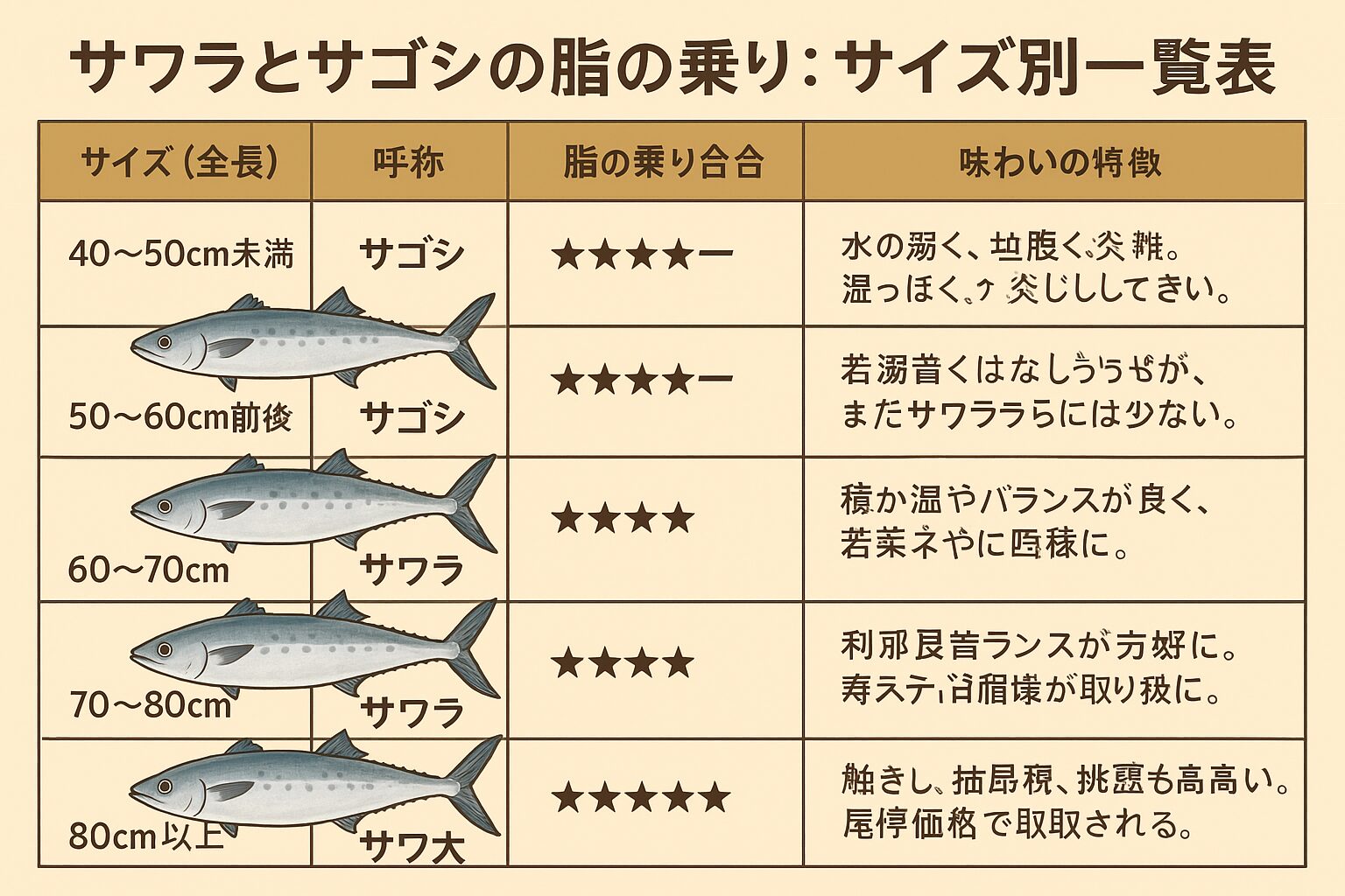 サワラとサゴシは同じ魚でも、サイズによって脂の量と味わいがまるで違います。
・サゴシは淡白で安価。
・サワラ大型は高級魚として最高の美味しさ。釣太郎