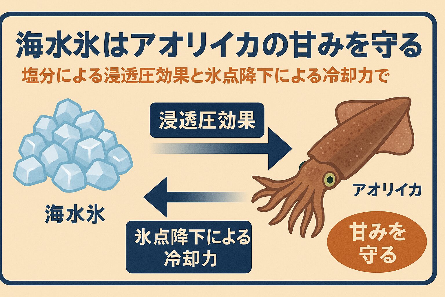 海水氷は浸透圧効果と氷点降下のダブル効果でアオリイカの甘みを守る。釣太郎