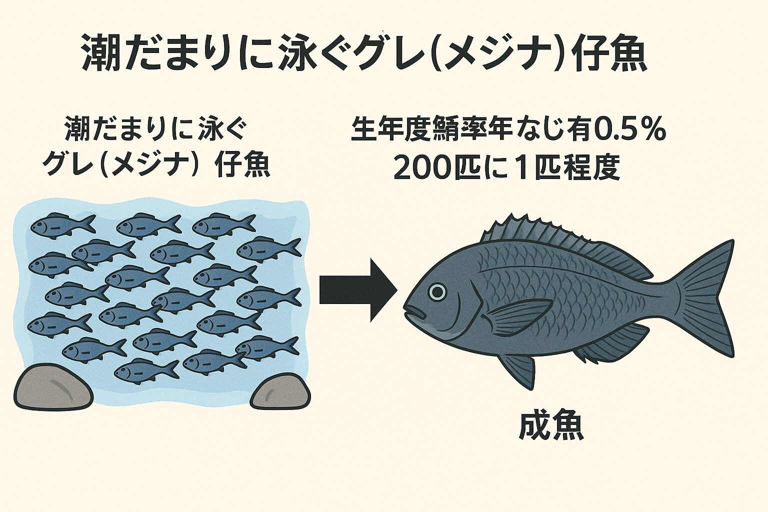 南紀の磯や潮だまりをのぞくと、小さなグレ（メジナ）の仔魚が群れ泳いでいる光景に出会います。釣太郎