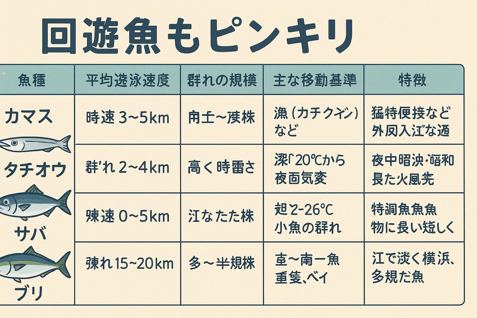 回遊魚と一口に言っても、泳ぐ速さ・群れの数・移動基準は魚種ごとに大きく異なります。・カマスは「瞬間勝負」・タチウオは「夜間と潮」・サバは「群れ頼み」・ソウダガツオは「高速回遊」 ・ブリは「潮目狙い」釣太郎