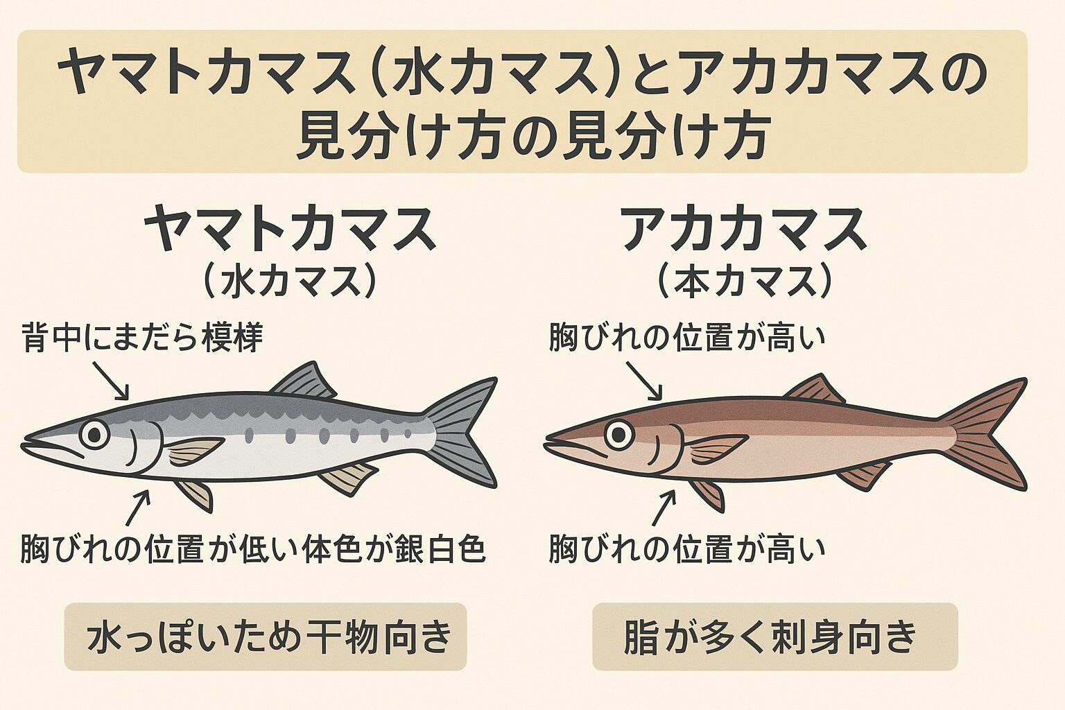 ヤマトカマス（水） アカカマス（本）見分け方。見分け方のポイントは「背中の模様」「胸びれの位置」「体色」釣太郎 ヤマトカマス（水） アカカマス（本）見分け方。釣太郎