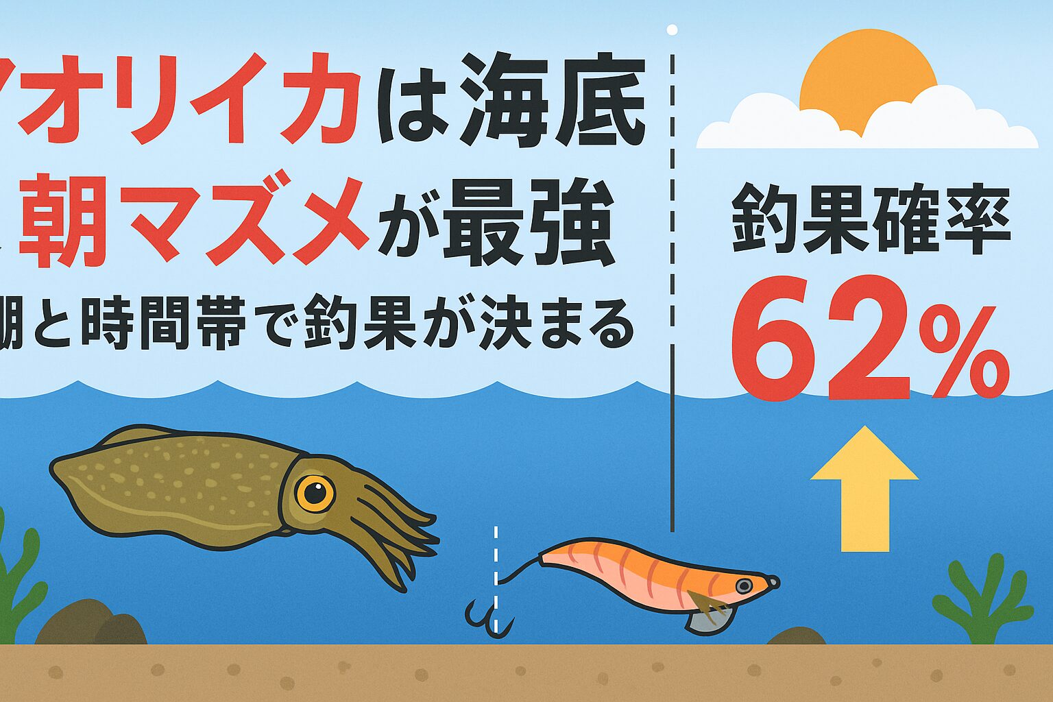 アオリイカ釣りは棚と時間帯の組み合わせがカギ。AIシミュレーションでは、朝マズメ×海底狙いで釣果確率が約62%まで上昇。釣太郎