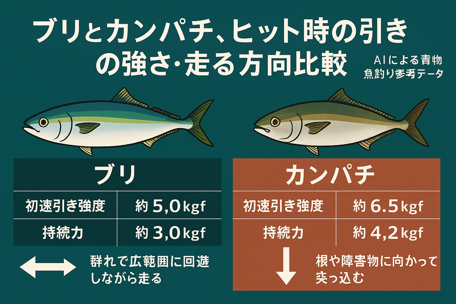 ブリとカンパチは同じ青物でも、・初速引き：カンパチ＞ブリ・走行方向：ブリ＝横、カンパチ＝縦 という明確な違いがあります。釣太郎