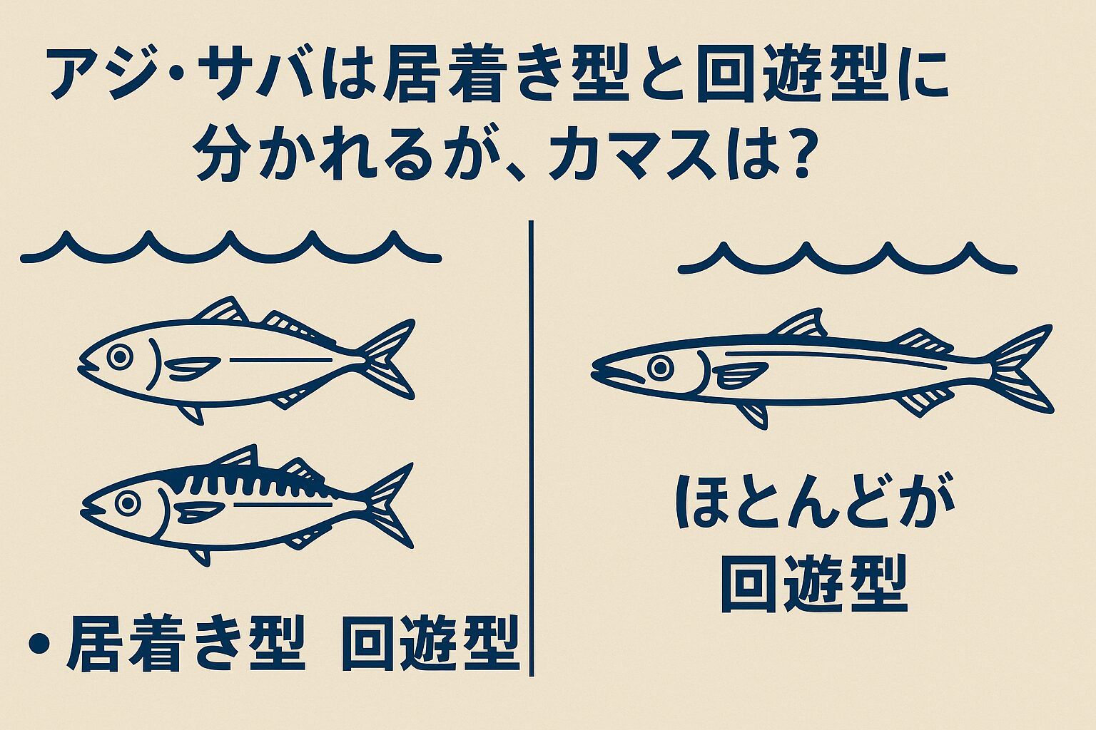 アジ・サバは「居着き型」と「回遊型」に分かれるが、カマスは基本的に回遊型。 ・ただし港や湾に群れで長期間とどまることがあり、釣り人は「居着きカマス」と呼ぶことがある。釣太郎