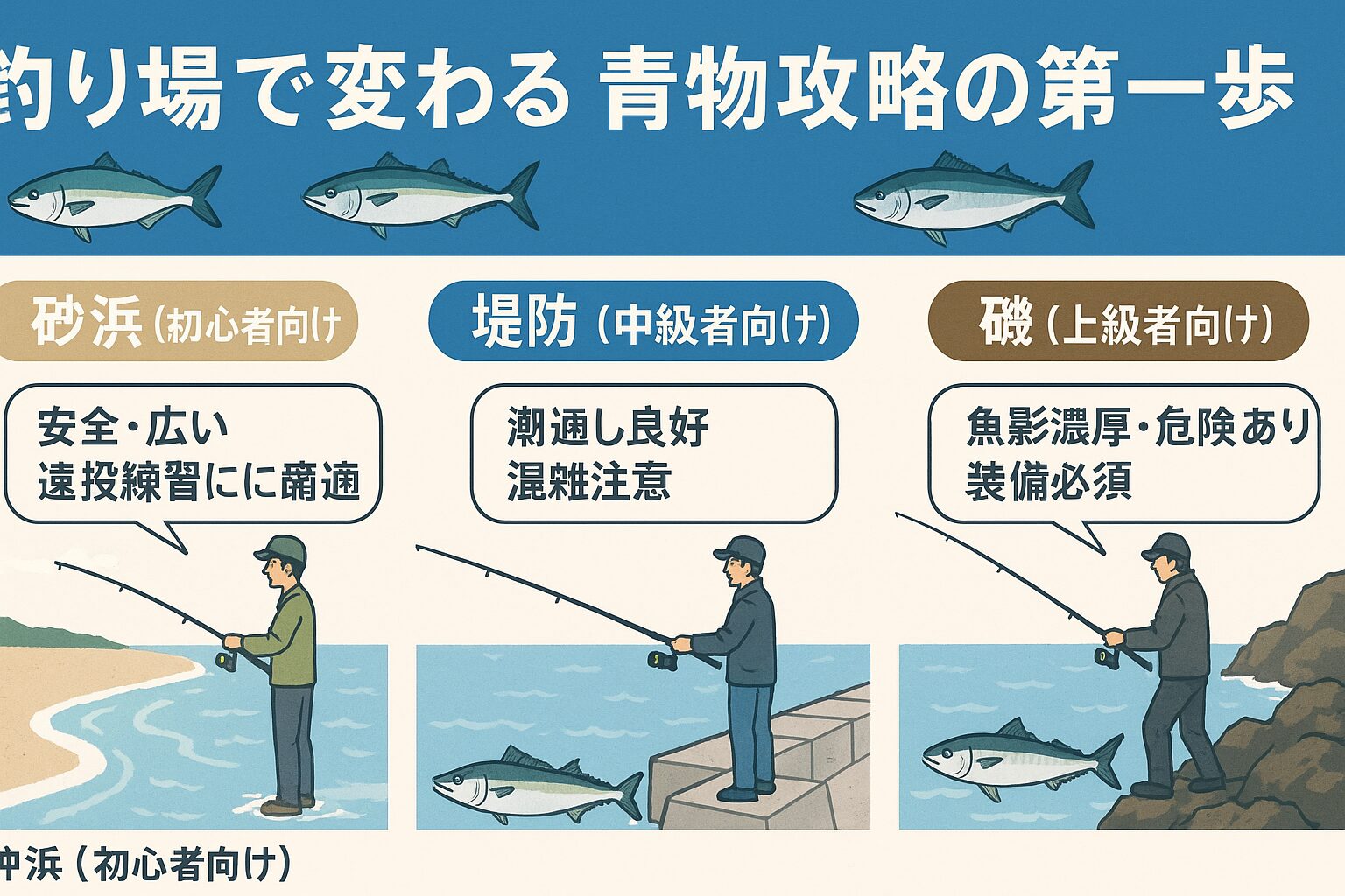 【初心者必見】青物魚ルアーフィッシングの釣り場選び｜ビーチ・堤防・磯の特徴とおすすめポイント。釣太郎