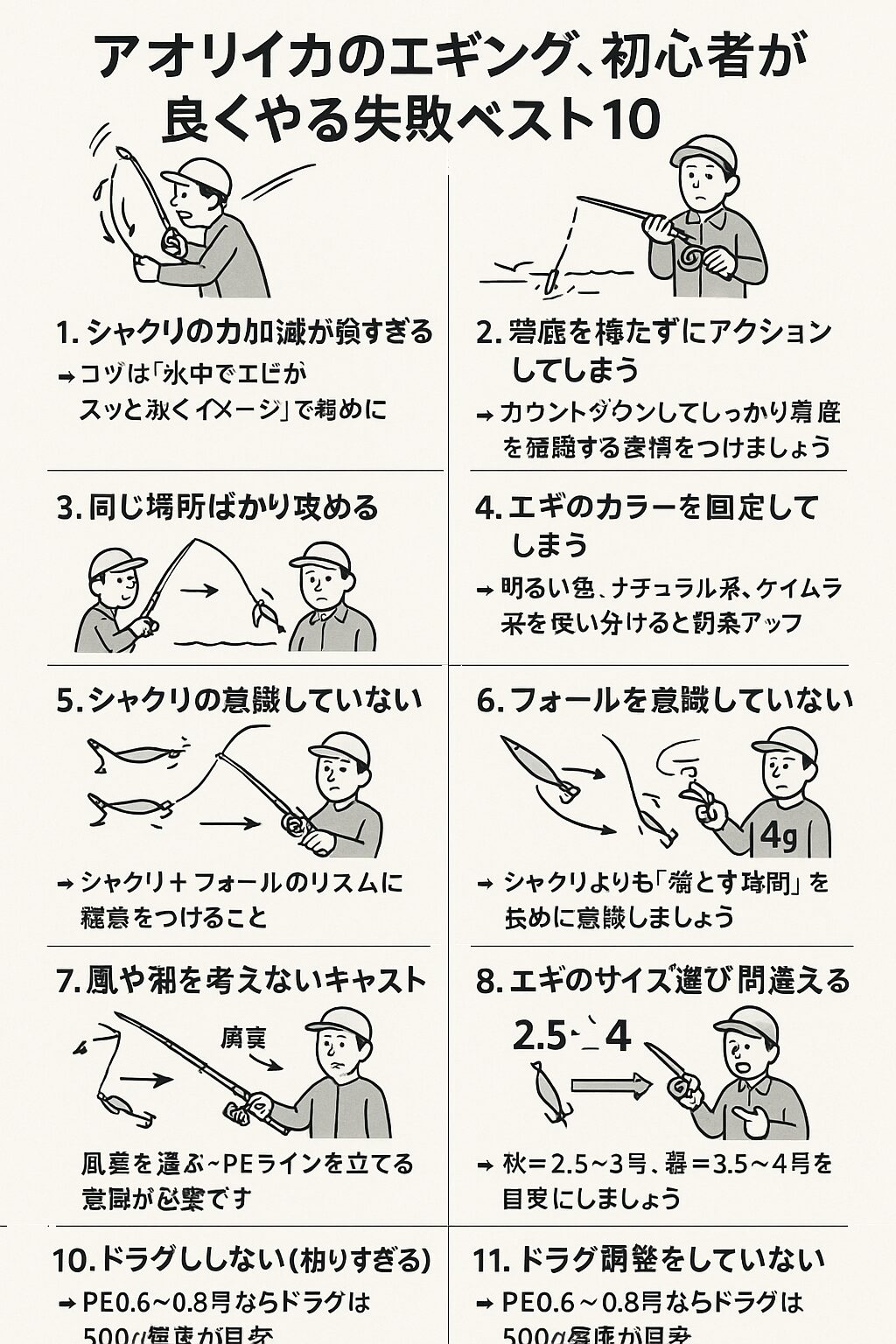 エギング初心者が失敗しやすいポイントは、 「力任せ」「単調」「状況に合わせない」この3つに集約されます。釣太郎