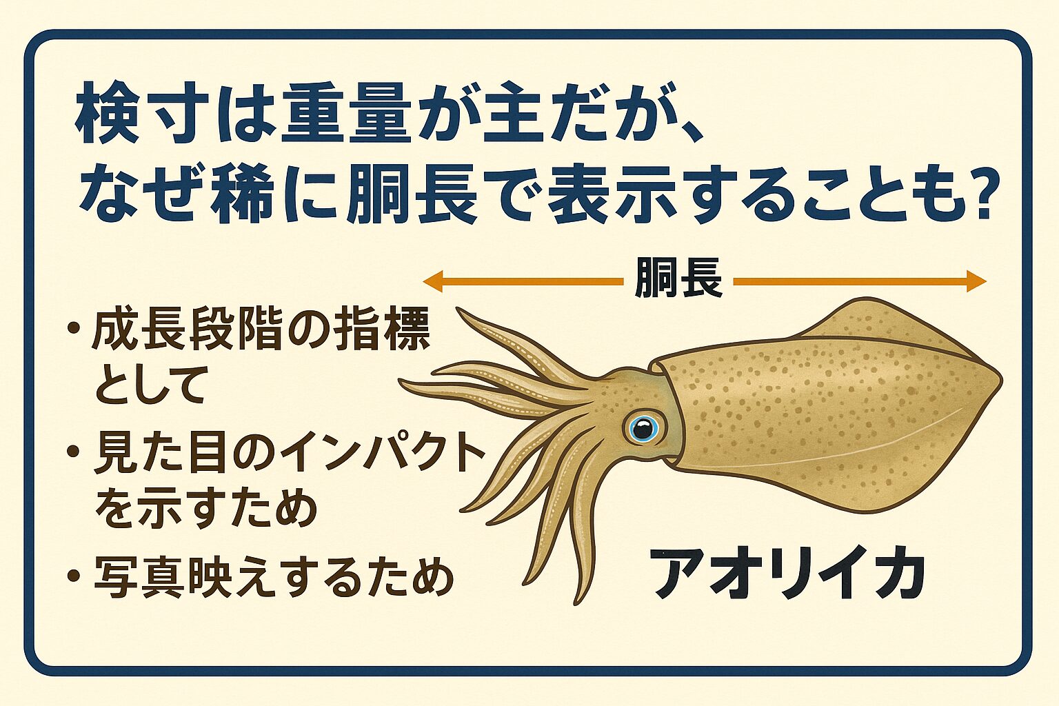 アオリイカの検寸は、公平性・安定性・大会基準から重量計測が主流です。 しかし、成長研究やSNS映えなど、目的によっては胴長が選ばれることもあります。釣太郎
