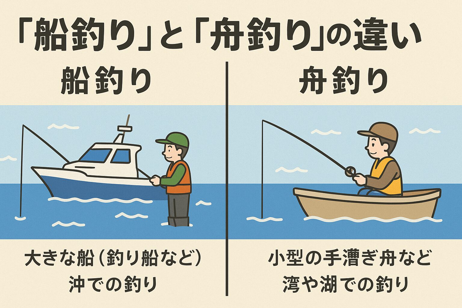 船釣りと舟釣りは同じ意味ですか？答え：違います。船釣りは大きな船を使った沖釣り、舟釣りは小舟やボートを使った釣りを指します。釣太郎