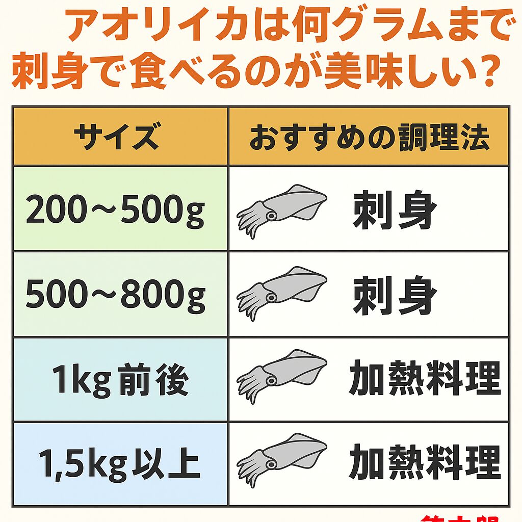 アオリイカはサイズによって味わいが大きく変わります。当日刺身なら「200〜800g」、加熱料理なら「1kg以上」が目安。釣太郎