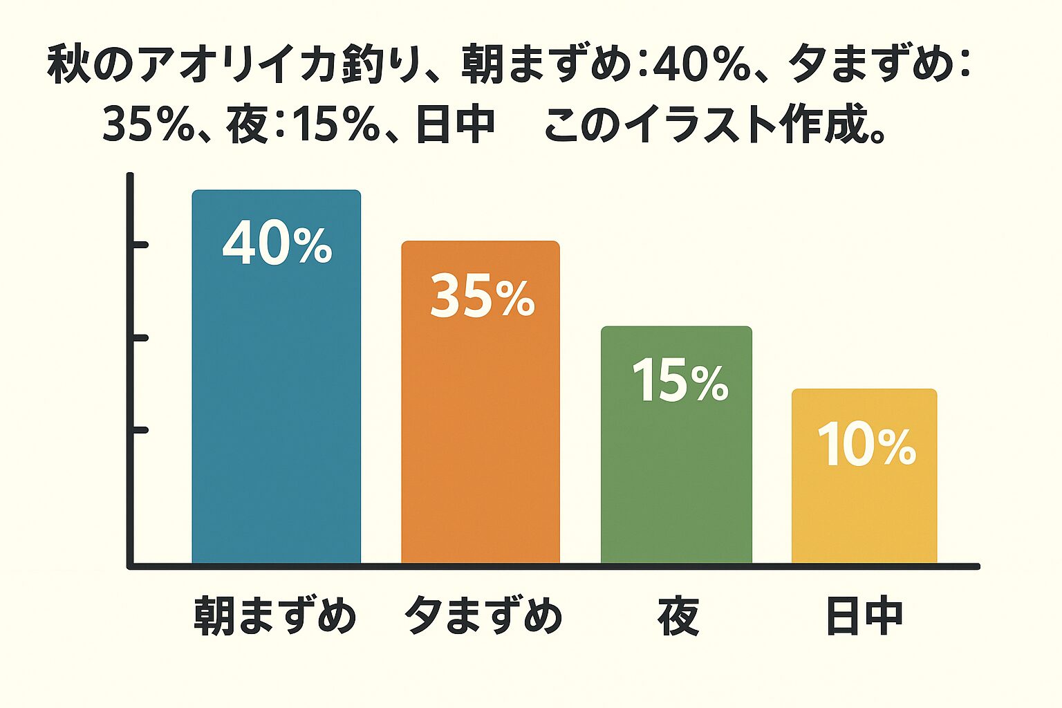 秋のアオリイカ釣れる可能性は朝まずめ:40% 、夕まずめ:35%、夜:15%、日中:10%。釣太郎