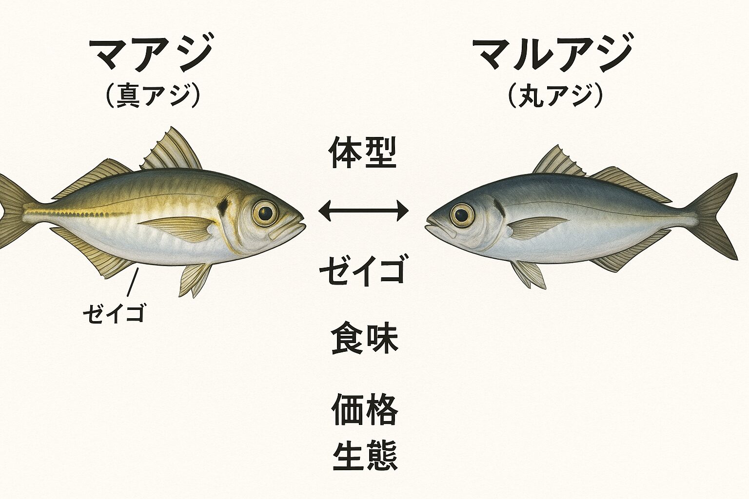 マアジは脂乗りが良くブランド価値が高い一方、マルアジは回遊性が強く漁獲量が多いため干物や加工品として人気です。釣太郎