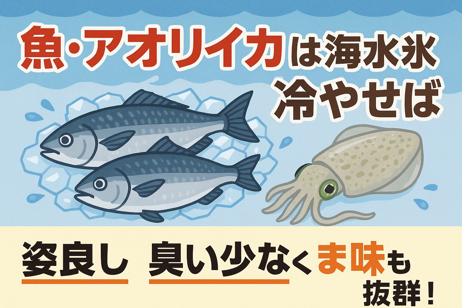 魚やアオリイカを美味しく食べたいなら、海水氷での冷却が最適です。姿良し=透明感のある美しい見た目・臭い少なく=雑菌繁殖を抑え、鮮度を長持ち。釣太郎