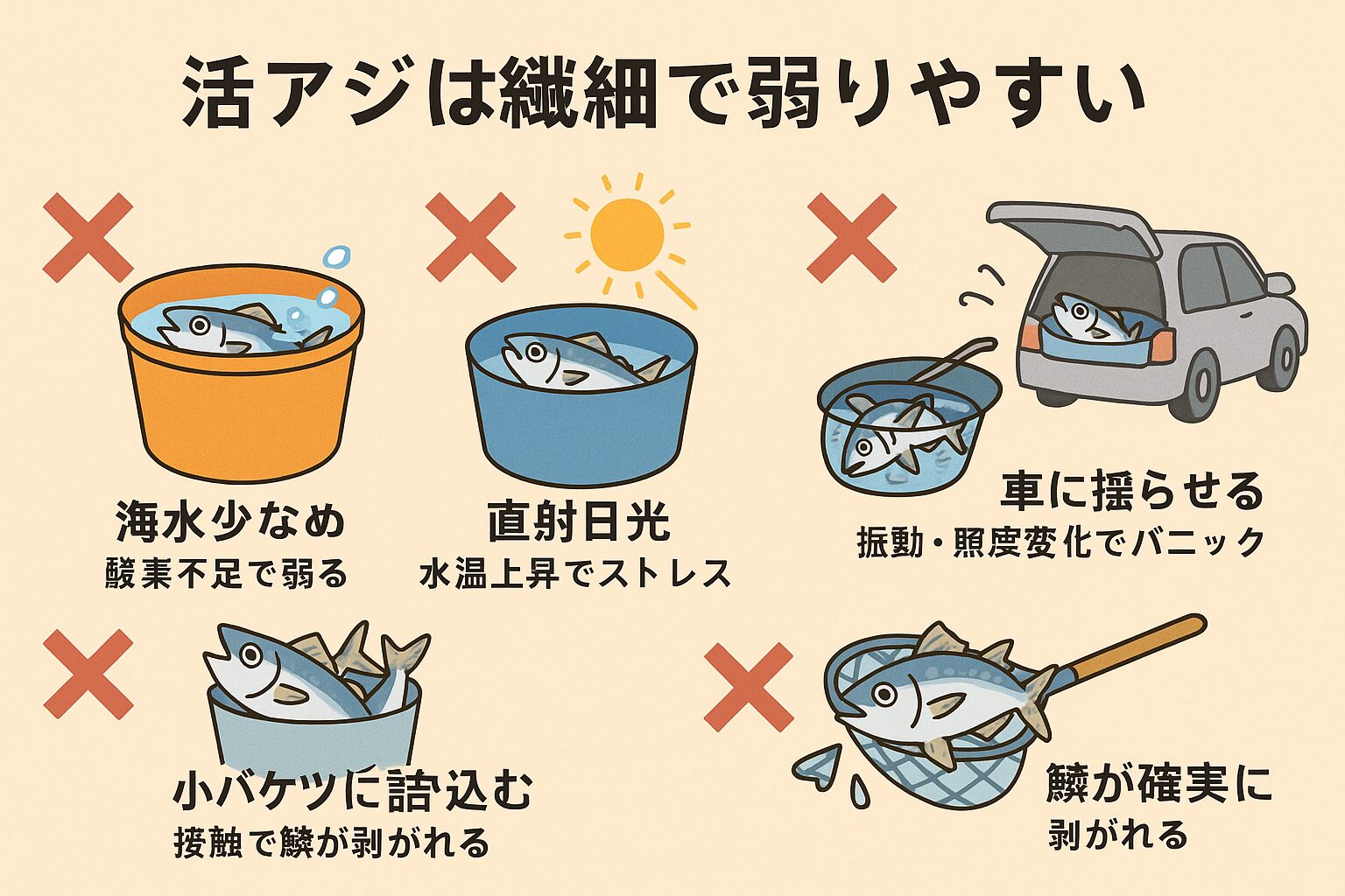 活アジは非常にデリケートな魚で、わずかな環境変化や扱いの失敗で弱ってしまいます。釣太郎