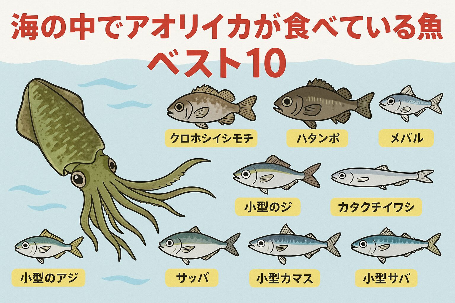 アオリイカは泳ぎの遅い小魚をメインに捕食。赤雑魚系（クロホシイシモチ）は捕食率が最も高く、釣果アップの重要指標。釣太郎