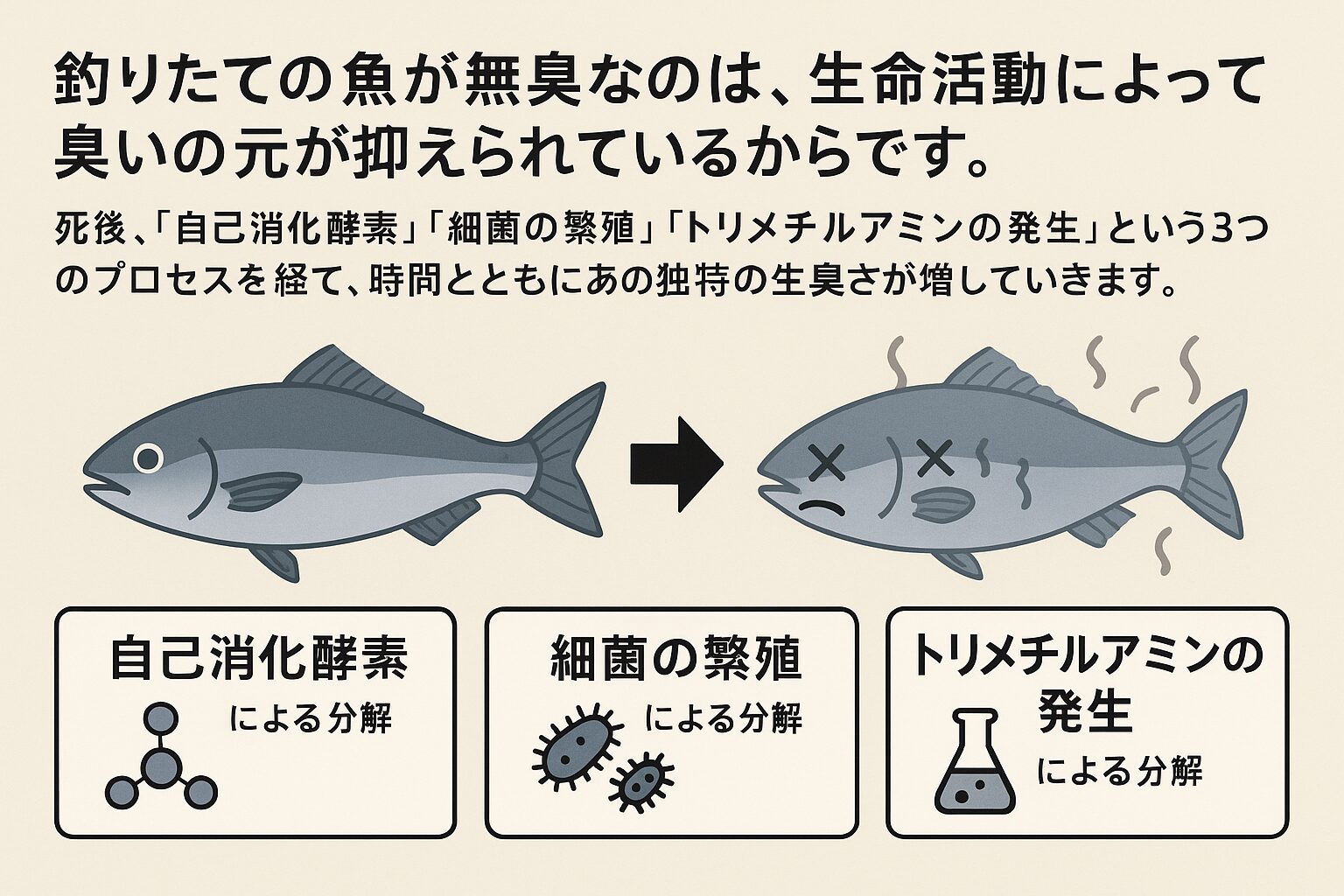 魚は死後、死後は「自己消化酵素」「細菌の繁殖」「トリメチルアミンの発生」という3つのプロセスを経て、時間とともに生臭さが増していきます。釣太郎