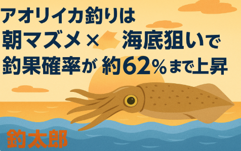 アオリイカを狙うなら、時間帯と棚の合わせ技が釣果アップの決め手。特に朝マズメの海底狙いは、62％の釣果確率を記録しました。釣太郎