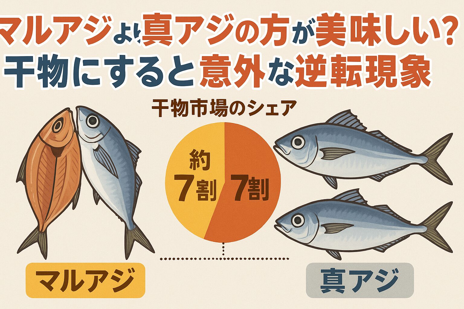 刺身や塩焼きでは真アジが主役ですが、干物ではマルアジが市場を席巻しています。釣太郎